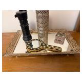 Vintage Vanity Set with Ornate Mirror Tray, Beaded Hand Mirror, and Accessories