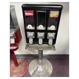 3 Pc Lot; 3 Cast Metal Candy Machines, the 2 Black Machines Have Metal Stands & The Red Has Plastic - No Keys