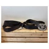 2Pc Lot; Vintage Well Worn In Harley Davidson Size 44 Brown Leather Belt with Heavy HD Eagle Belt Buckle #97635-05V & New w/Tag Size 44 HD Brown Woven Leather Belt