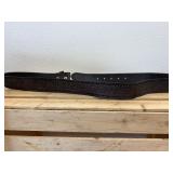 2Pc Lot; Vintage Well Worn In Harley Davidson Size 44 Brown Leather Belt with Heavy HD Eagle Belt Buckle #97635-05V & New w/Tag Size 44 HD Brown Woven Leather Belt