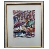 Framed Original Watercolor Market Scene Signed by Artist