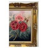 Framed Pink & Red Poppies Oil Painting Signed Jody with Ornate Gold Frame