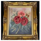 Framed Pink & Red Poppies Oil Painting Signed Jody with Ornate Gold Frame