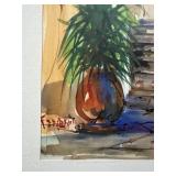 Framed Watercolor Painting of Staircase and Plants, Signed