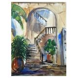 Framed Watercolor Painting of Staircase and Plants, Signed