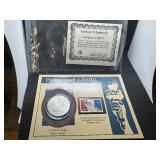 Portraits of Liberty Card with COA 1998 Silver Dollar and 1974 Statue of Liberty Stamp