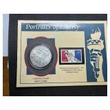 Portraits of Liberty Card with COA 1998 Silver Dollar and 1974 Statue of Liberty Stamp