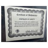 Portraits of Liberty Card with COA 1998 Silver Dollar and 1974 Statue of Liberty Stamp