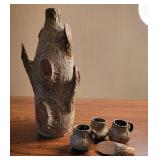 Folk Art Tree Branch Liquor Bottle with Cups