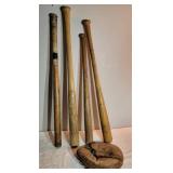 Vintage Wooden Baseball Bats and Catchers Mitt
