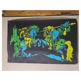 Vintage 1970s Blacklight Poster ? Medieval Knight on Horseback ? Fluorescent Neon Art