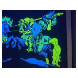 Vintage 1970s Blacklight Poster ? Medieval Knight on Horseback ? Fluorescent Neon Art