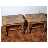 Pair of Vintage Oak Rush Seat Stools