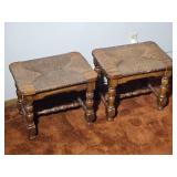 Pair of Vintage Oak Rush Seat Stools