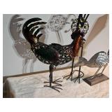 Decorative Metal Bird Sculpture Trio ? Rooster, Peacock & Roadrunner