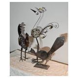 Decorative Metal Bird Sculpture Trio ? Rooster, Peacock & Roadrunner
