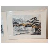 Set of 2 Vintage Japanese Silk Embroidery Scenes – Pagoda & Arched Bridge – Matted Artworks