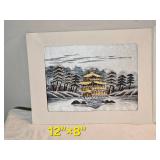 Set of 2 Vintage Japanese Silk Embroidery Scenes – Pagoda & Arched Bridge – Matted Artworks