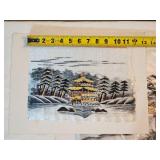 Set of 2 Vintage Japanese Silk Embroidery Scenes – Pagoda & Arched Bridge – Matted Artworks