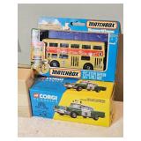 Vintage Die-Cast Vehicle Lot – Corgi Classics & Matchbox – Berlin Bus, Models of Yesteryear Fire Engine, Limited Edition Chevy Sheriff Car, Volkswagen Van, Tow Truck & Yellowstone Tour Bus – Box