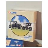 Vintage Die-Cast Vehicle Lot – Corgi Classics & Matchbox – Berlin Bus, Models of Yesteryear Fire Engine, Limited Edition Chevy Sheriff Car, Volkswagen Van, Tow Truck & Yellowstone Tour Bus – Box