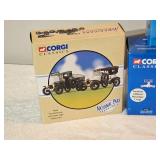 Vintage Die-Cast Vehicle Lot – Corgi Classics & Matchbox – Berlin Bus, Models of Yesteryear Fire Engine, Limited Edition Chevy Sheriff Car, Volkswagen Van, Tow Truck & Yellowstone Tour Bus – Box