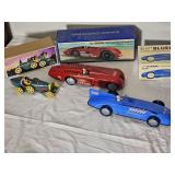 Vintage Tin Wind-Up Racing Car Trio – Schylling Bluebird & Sunbeam Land Speed Record Cars + Bugatti T-35 Racer – Original Boxes & COA