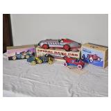 Lot of 4 Vintage Schylling Tin Wind-Up Race Cars w/ Boxes & COAs – Spiral, Bugatti T-35, #2 Race Car, & Land Speed Style