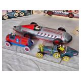 Lot of 4 Vintage Schylling Tin Wind-Up Race Cars w/ Boxes & COAs – Spiral, Bugatti T-35, #2 Race Car, & Land Speed Style