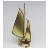 LARGE Vintage Signed Brass Mid Century Sailboat Sculpture on Stone Base - 21"