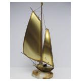 LARGE Vintage Signed Brass Mid Century Sailboat Sculpture on Stone Base - 21"