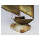LARGE Vintage Signed Brass Mid Century Sailboat Sculpture on Stone Base - 21"
