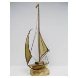 LARGE Vintage Signed Brass Mid Century Sailboat Sculpture on Stone Base - 21"
