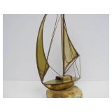 LARGE Vintage Signed Brass Mid Century Sailboat Sculpture on Stone Base - 21"