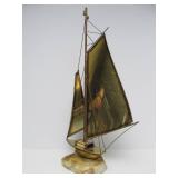 LARGE Vintage Signed Brass Mid Century Sailboat Sculpture on Stone Base - 21"