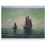Nice vintage Mid Century Seascape Oil on Canvas Painting w/Boats - Signed "Wells"