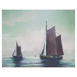 Nice vintage Mid Century Seascape Oil on Canvas Painting w/Boats - Signed "Wells"