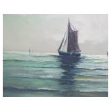 Nice vintage Mid Century Seascape Oil on Canvas Painting w/Boats - Signed "Wells"