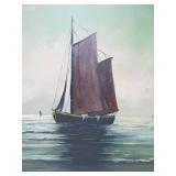 Nice vintage Mid Century Seascape Oil on Canvas Painting w/Boats - Signed "Wells"