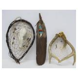 3 Genuine Native American Made Pieces - Dreamcatchers & Carved Wood Feather w/Wolf