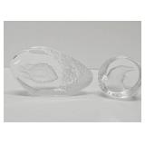 2 Signed MATS JONASSON Sweden Crystal Paperweight Sculptures - Eagle & Fish
