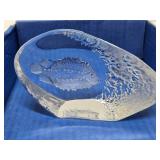 2 Signed MATS JONASSON Sweden Crystal Paperweight Sculptures - Eagle & Fish