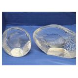 2 Signed MATS JONASSON Sweden Crystal Paperweight Sculptures - Eagle & Fish