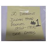 Lot f 20 Different Indian Head Pennies from 1882-1908 #1