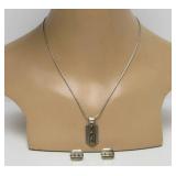 Signed 14K Gold & Sterling Silver Pendant Necklace & Earring Set