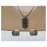 Signed 14K Gold & Sterling Silver Pendant Necklace & Earring Set
