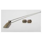 Signed 14K Gold & Sterling Silver Pendant Necklace & Earring Set