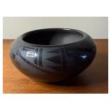 Vintage Blue Corn (Crucita Gonzalez Calabaza) Black on Black Pottery Bowl