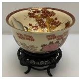 Vintage Japanese Kutani Bowl With Wood Base (Crazing Present Throughout Clearcoat) 3 3/4" T x 7 1/2"