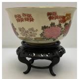 Vintage Japanese Kutani Bowl With Wood Base (Crazing Present Throughout Clearcoat) 3 3/4" T x 7 1/2"